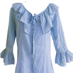 Antilia Femme Cotton Blouse Peasant Lightweight Ruffle India Gauzy Baby Blue M